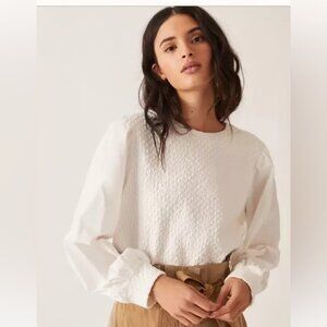 ANTHROPOLOGIE Porridge Textured Sweatshirt White Puffed Sleeve Crew Neck Size L